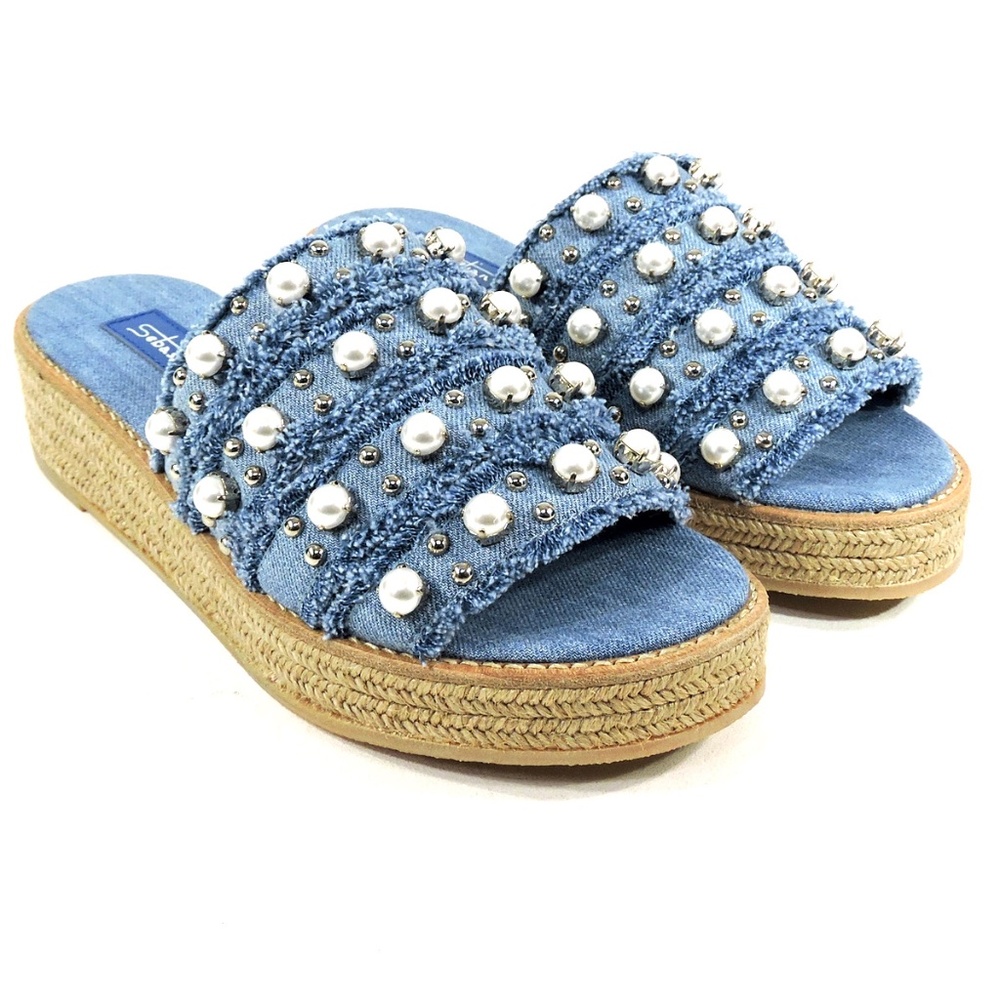 SEBASTIAN 🇮🇹 WOMEN'S BLUE JEANS DENIM COMFORT SUMMER WEDGE MULES - Picture 2 of 8